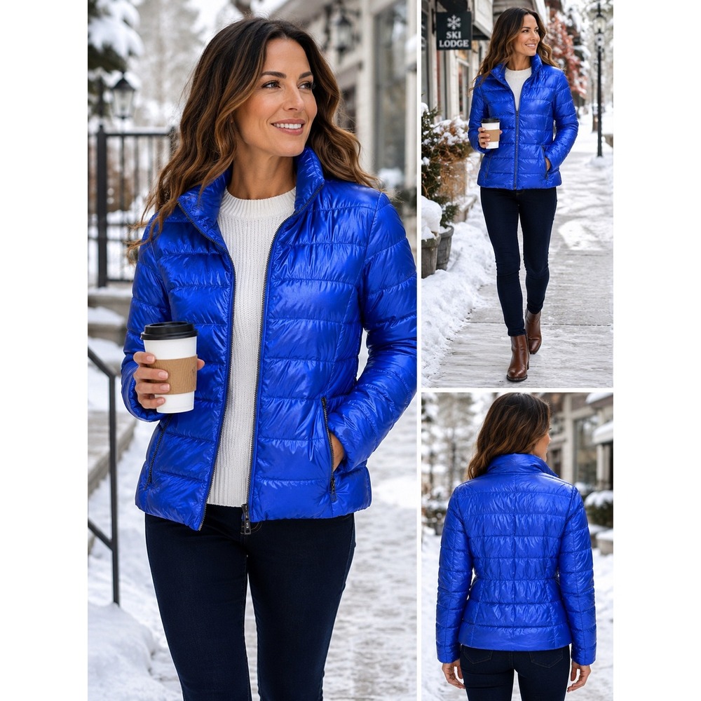 Lands End Puffer Jacket Womens 8 Blue Quilted Down Insulated Zip Up